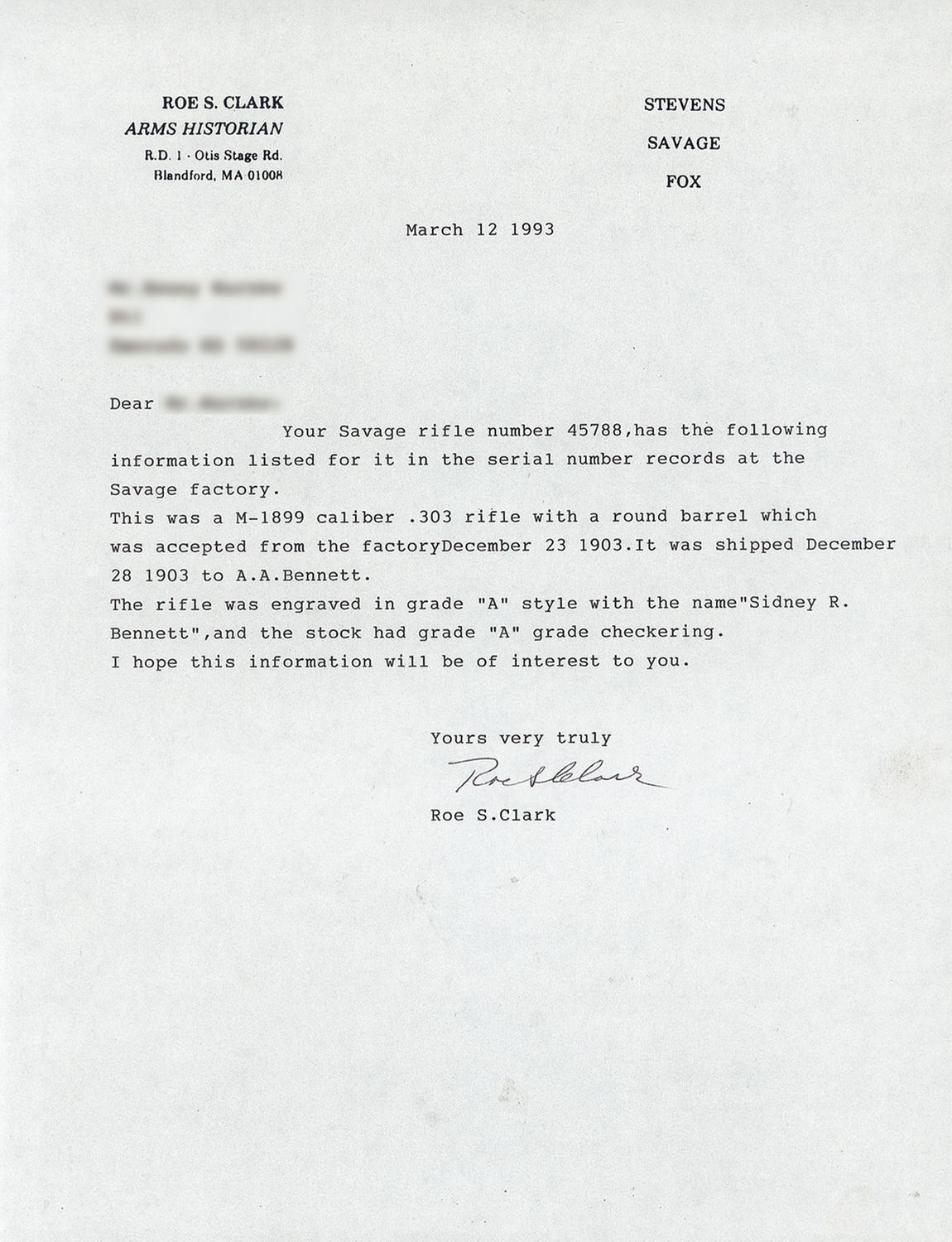 Factory Engraved Savage Model 1899-A Lever Action Rifle with Roe Clark ...