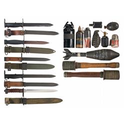 Grouping of Inert and Deactivated Grenades and a British Enfield Grenade Launcher and Five European 