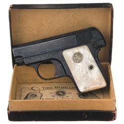 Custom Engraved Colt Model 1908 Hammerless Pocket Pistol with Monogrammed Pearl Grips and Box