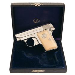 Excellent Cased Colt Model 1908 Vest Pocket Hammerless Pistol with Factory Ivory Grips