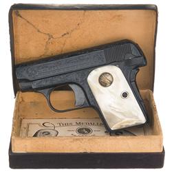 Custom Engraved Colt Model 1908 Hammerless Pocket Pistol with Pearl Grips and Box