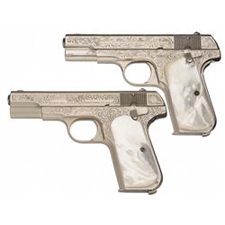 Custom Engraved Set of Colt Hammerless Pocket Pistols with Pearl Grips A) Colt Model 1903 Hammerless