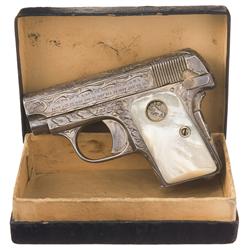 Custom Engraved Colt Model 1908 Hammerless Pocket Pistol with Pearl Grips and Box