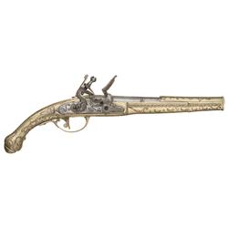 Unique Unidentified Flintlock Pistol with Attractive Engraved Solid German Silver Stock