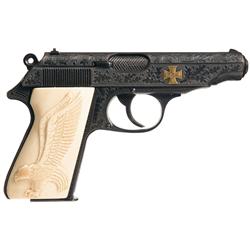 Engraved Gold Inlaid Walther Model PP Pistol and Inscribed NSFK Dagger with Capture Papers