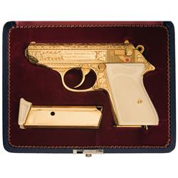Custom Engraved Walther PPK with Gold Plated Finish Simulated Ivory Grips and Walther Presentation C