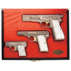 Excellent Cased Factory Engraved Belgium Browning Renaissance Pistol Set A) Belgium Baby Browning Re