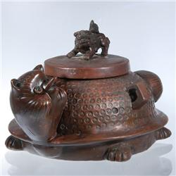Vintage Chinese Bronze Cat Cookie Jar w/ Fu Lid (ANT-007)