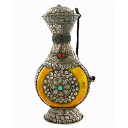Tibet Vintage Silver Amber Turquoise Flask (ANT-1000)