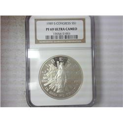 1989-S CONGRESS US SILVER DOLLAR NGC PF69 ULTRACAM