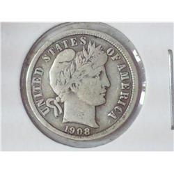 1908 BARBER DIME (FINE)