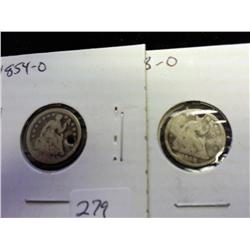 1854-O AND 58-0 SEATED LIBERTY HALF DIMES (HOLED)