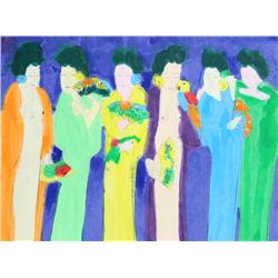 Walasse Ting, Six Geishas and Parrots, Watercolor