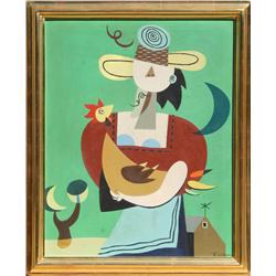 Reginald Wilson, Girl with Cock, Oil Painting