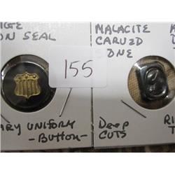 Vintage Union Seal Uniform Button & Nalacite Carved Stone-Art Deco Deep Cuts Ring Top
