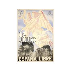 18 JULIO ESPAÑA LIBRE. CABANAS, J. (1937 CA.). 100x70cm (39x27in.). Litografía (fotomontaje).