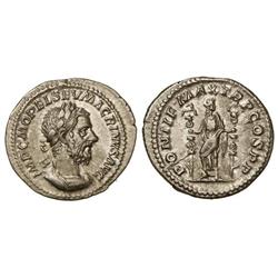 Denario. 217 d.C. MACRINO. Anv.: IMP. C. M. OPEL. SEV. MACRINVS. AVG. Busto laureado y con coraza a