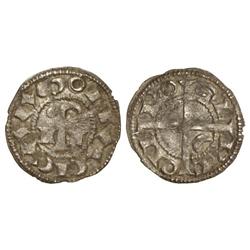 Diner. ROGER II. COMTAT DE CARCASSONA. Anv.: CARCASONECIE, báculo entre A y cruz. Rev.: ROGER COMS.