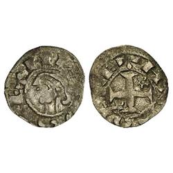 Dinero. ALFONSO I (1109-1126). TOLEDO. Anv.: ¶ANFVS REX. Efigie a izquierda. Rev.: ¶TOLLETA. Cruz in