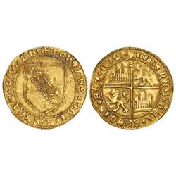 Dobla de la banda. JAUN II. SEVILLA. Anv.: ¶IOHANES¶DEI¶GRACIA¶REX¶LE¶. Escudo de la banda. Rev.: ¶I