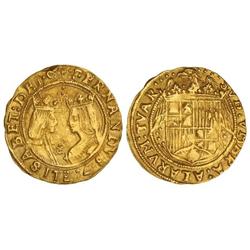 Doble Excelente. SEVILLA. Anv.: 2 puntos arriba en campo, 5 entre busto abajo. 7,03 grs. (Golpe en c