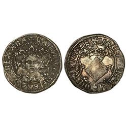 Ral. VALÈNCIA. Anv.: ¶CAROLVSxDEI GRACIAxREXxARA. Rev.: ¶VALENCIExMAI-ORCARVMxSE. 2,59 grs. Pátina o