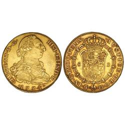 8 Escudos. 1774. MADRID. P.J. Hojita en gráfila del reverso y pequeñas rayitas. MUY ESCASA. Cal-54;