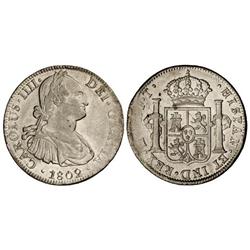 8 Reales. 1802. MÉXICO. F.T. Acuñación parcialmente floja en leyenda. Cal-698. MBC+.