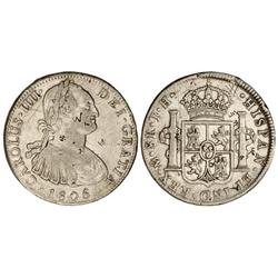 8 Reales. 1805. MÉXICO. T.H. Resellos chinos. (Rayas). Cal-703. MBC/MBC+.