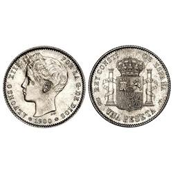 1 Peseta. 1900  (*19-00). S.M.-V. Pátina. (Leves rayitas). EBC+.