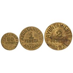 Serie 3 monedas 50 Céntimos, 1 y 2 Pesetas. S/F. Ay. de ARAHAL. Latón. (50 Céntimos cospel algo irre