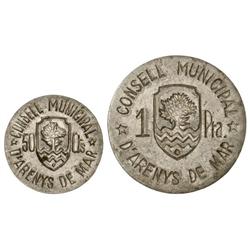 Serie 2 monedas 50 Céntimos y 1 Peseta. S/F. C.M. D´ARENYS DE MAR. Al. Vti-L18 y L19. MBC+.