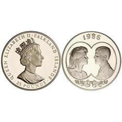 25 Libras. 1986. AR. Boda Príncipe Andrés y Sara Ferguson. En estuche original, con certificado. KM-