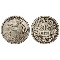 2 Francos. 1863-B. AR. KM-10a. BC+.