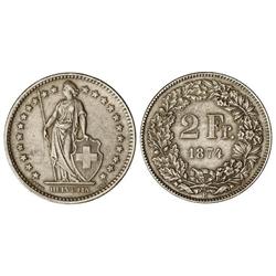 2 Francos. 1874-B. AR. KM-21. MBC+.