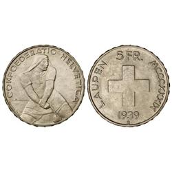 5 Francos. 1939-B. AR. 600 aniversario Batalla de Laupen. ESCASA. KM-42. EBC+.