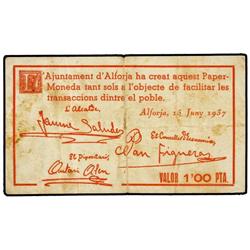 Lote 3 billetes 0,25, 0,50 y 1 Pesseta. 15 Juny 1937. Aj. d´ALFORJA. AT-108a, 109, 110; T-136a, 137,