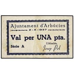 Lote 3 billetes 0,10, 0,25 y 1 Pesseta. 2 Octubre 1937. Aj. d´ARBÚCIES. (Manchas). AT-178, 180, 181;