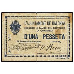 Serie 2 billetes 50 Cèntims y 1 Pesseta. S/F. Aj. de BALENYÀ. (Manchas). ESCASOS. AT-279, 280; T-345