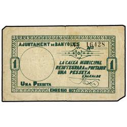 Lote 2 billetes 50 Cèntims y 1 Pesseta. 1937. Aj. de BANYOLES. AT-288, 289; T-355, 356. MBC+ y MBC.