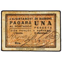 1 Pesseta. S/F. A. de BARBENS. (Sucio). ESCASO. AT-293; T-360. MBC+. PAPER MONEY OF THE CIVIL