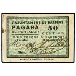 50 Cèntims. S/F. Aj. de BARBENS. (Manchitas). ESCASO. AT-294a; T-361a. MBC+. PAPER MONEY OF TH