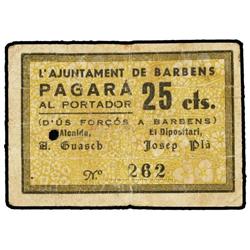 25 Cèntims. S/F. Aj. de BARBENS. (Perforación). MUY ESCASO. AT-295b; T-362b. MBC. PAPER MONEY
