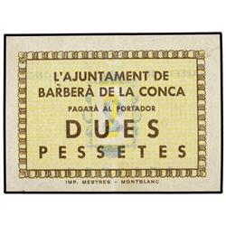 2 Pessetes. S/F. Aj. de BARBERÀ DE LA CONCA. ESCASO. AT-298; T-365. EBC. PAPER MONEY OF THE CI