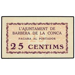 25 Cèntims. S/F. Aj. de BARBERÀ DE LA CONCA. ESCASO. AT-300; T-367. EBC. PAPER MONEY OF THE CI