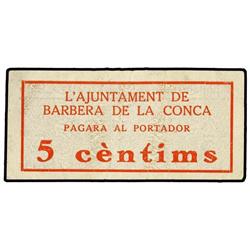 5 Cèntims. S/F. Aj. de BARBERÀ DE LA CONCA. ESCASO. AT-301b; T-368b. MBC+. PAPER MONEY OF THE