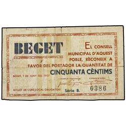 50 Cèntims. 1 Juny 1937. (Roturas. Reparado con cinta adhesiva). MUY ESCASO. AT-333; T-398. MBC-. <b