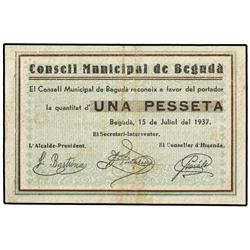 1 Pesseta. 15 Juliol 1937. C.M. de BEGUDÀ. (Sucio). AT-336; T-401. MBC+. PAPER MONEY OF THE CI