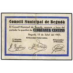 50 Cèntims. 15 Juliol 1937. C.M. de BEGUDÀ. AT-337; T-402. MBC+. PAPER MONEY OF THE CIVIL WAR: