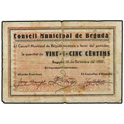 25 Cèntims. 16 Setembre 1937. C.M. de BEGUDÀ. (Pequeñas roturas). AT-339; T-404. MBC-. PAPER M
